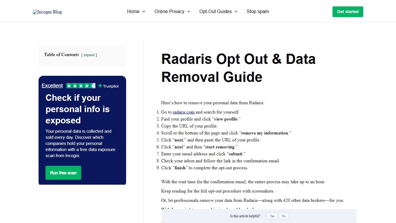 Radaris Opt Out & Data Removal Guide [2026] | Incogni