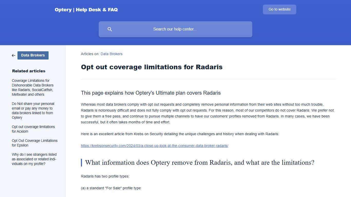 Opt out coverage limitations for Radaris | Optery | Help Desk & FAQ
